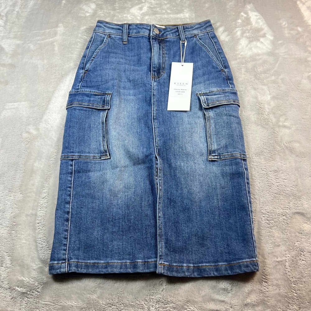 NWT Risen Women's Small Midi Skirt Dark Denim Cargo High‎ Waist RDS6161